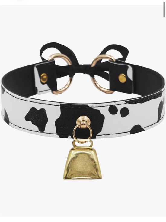 Accessories - Cow-Print Bell Choker Necklace - Black & White with Gold Bell